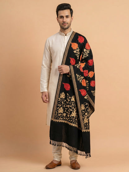 Kashmiri Aari Embroidery Woollen Stole for Men | Black - view 5