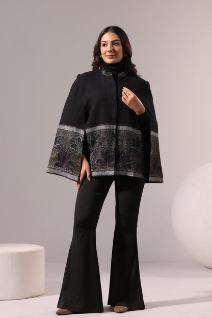 Women's Woven Cape Jacket with Zari Lotus Border | Black