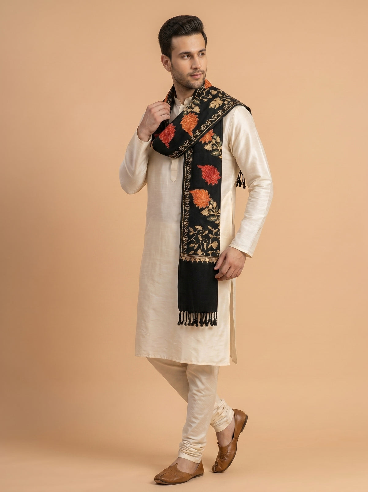 Kashmiri Aari Embroidery Woollen Stole for Men | Black - view 4