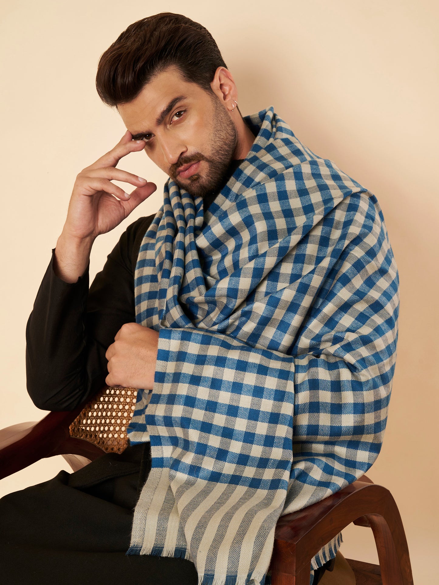 Men's Woollen Lohi Shawl | Blue Grey Check