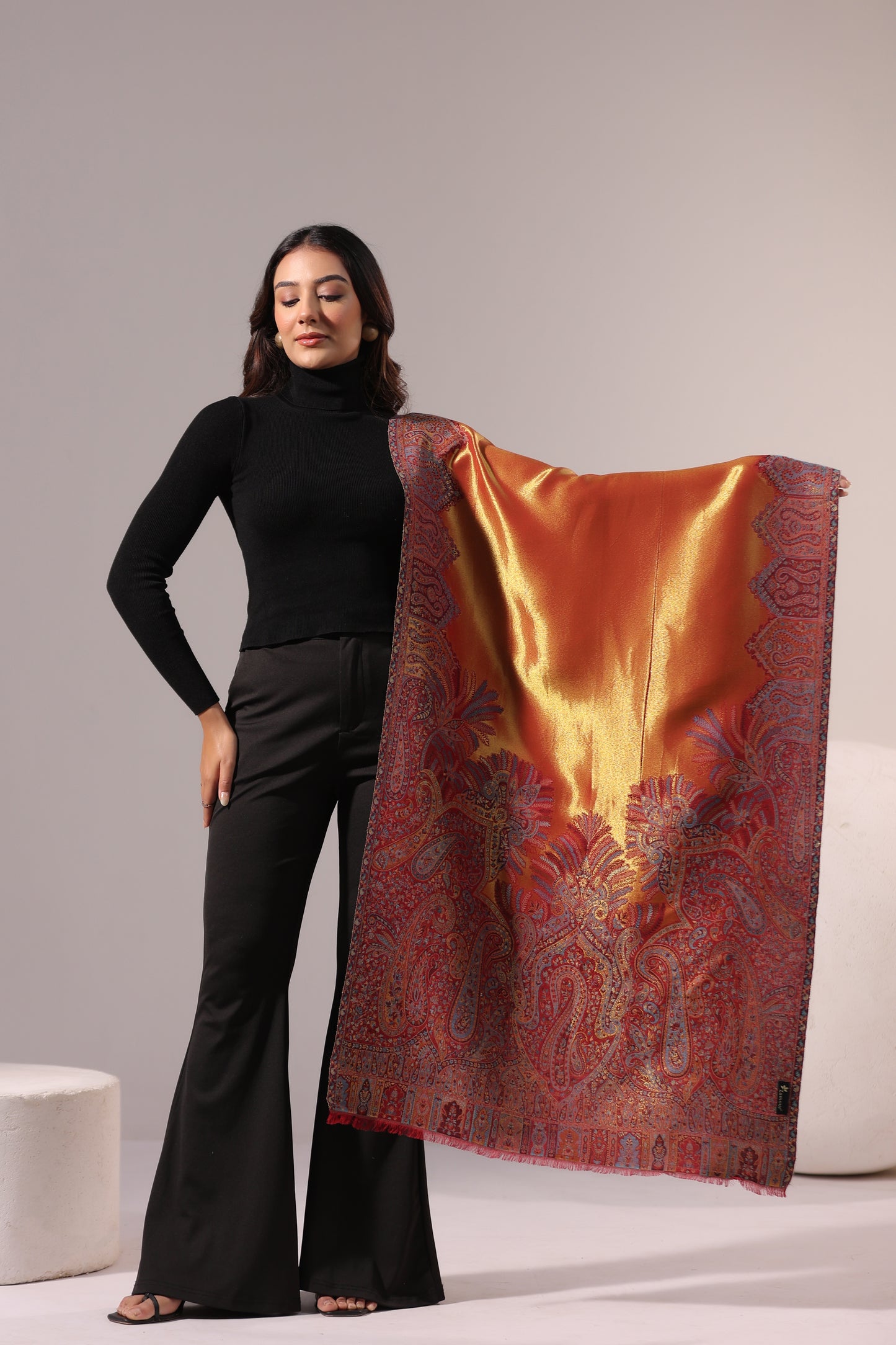 Women’s Premium Kani Woven Shawl with Zari Sheen | Rust