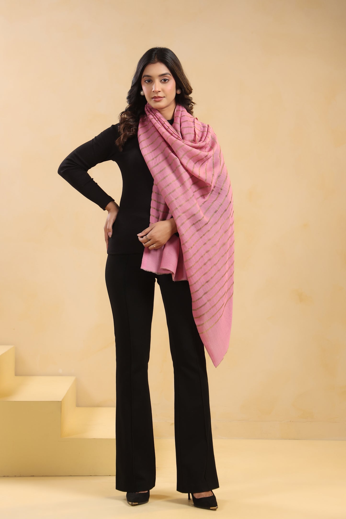 Fine Wool Horizontal Zari Stripes Stole | Pink