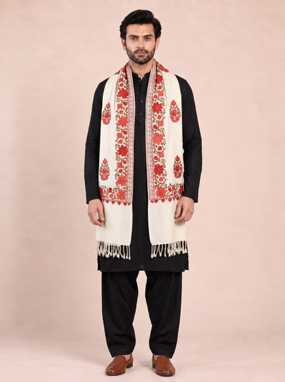 Kashmiri Aari Embroidered Woollen Stole for Men | Off White - view 2