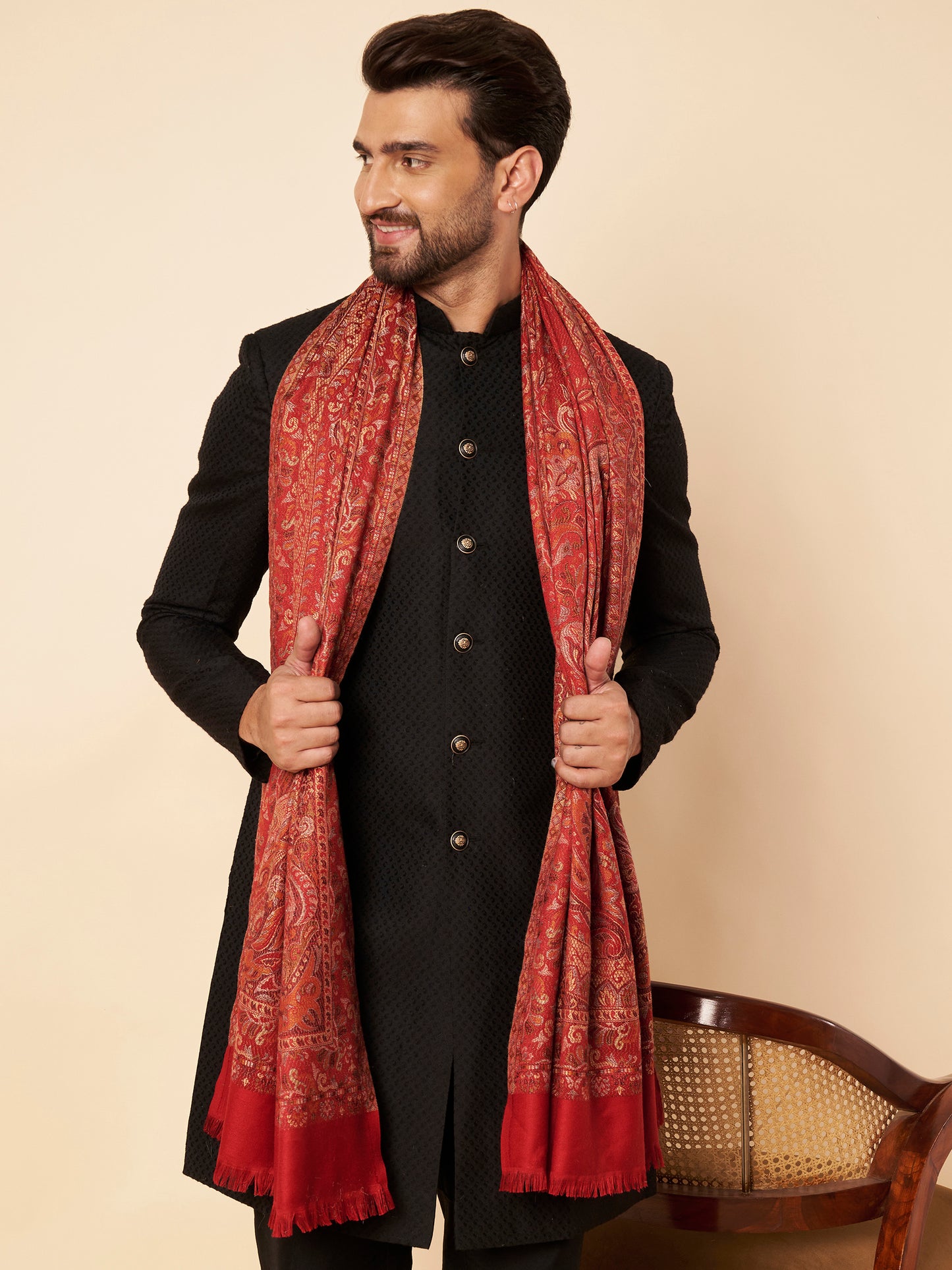 Warm Faux Pashmina Jacquard Woven Jamawar Mughal Shawl (Red)
