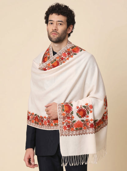 Kashmiri Aari Embroidery Woollen Stole for Men | White