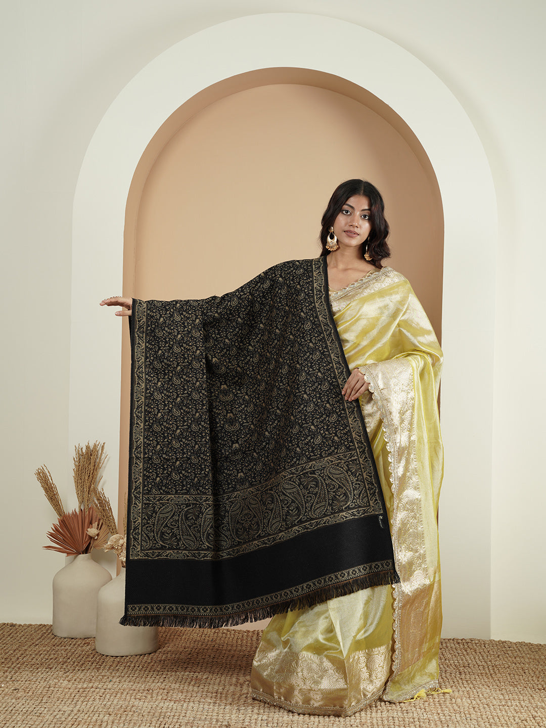 Woolen Kani Shawl with Intricate Kashmiri Paisley & Floral Woven Design | Black - view 2
