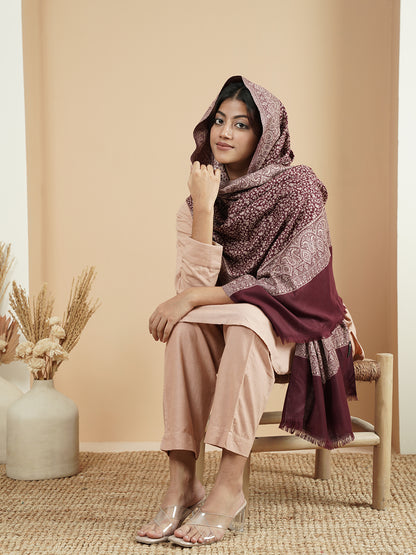 Floral All-over Kani Weave Woolen Stole with Paisley Border | Maroon