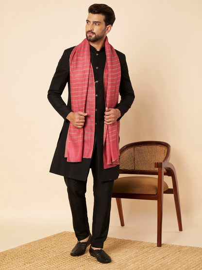 Fine Wool Horizontal Zari Stripes Stole | Pink