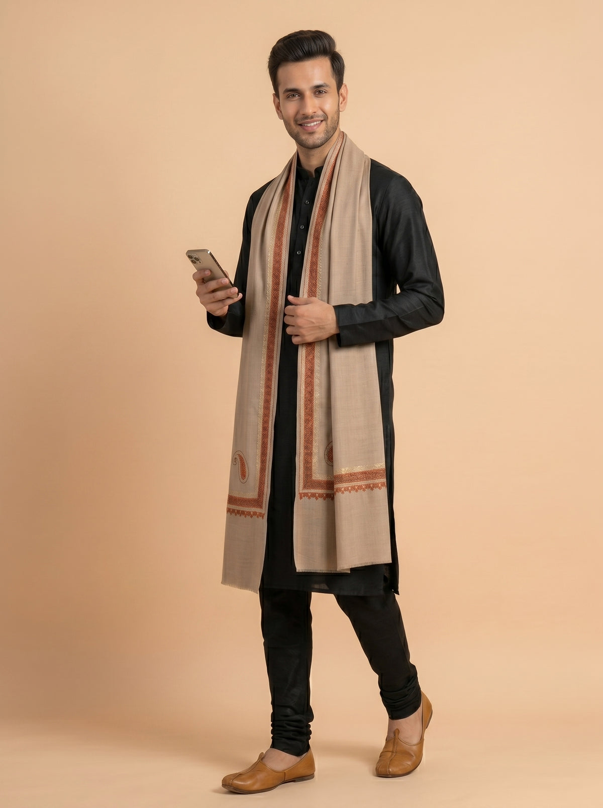 Kashmiri Sozni Zari Embroidery Shawl for Men | Beige - view 2