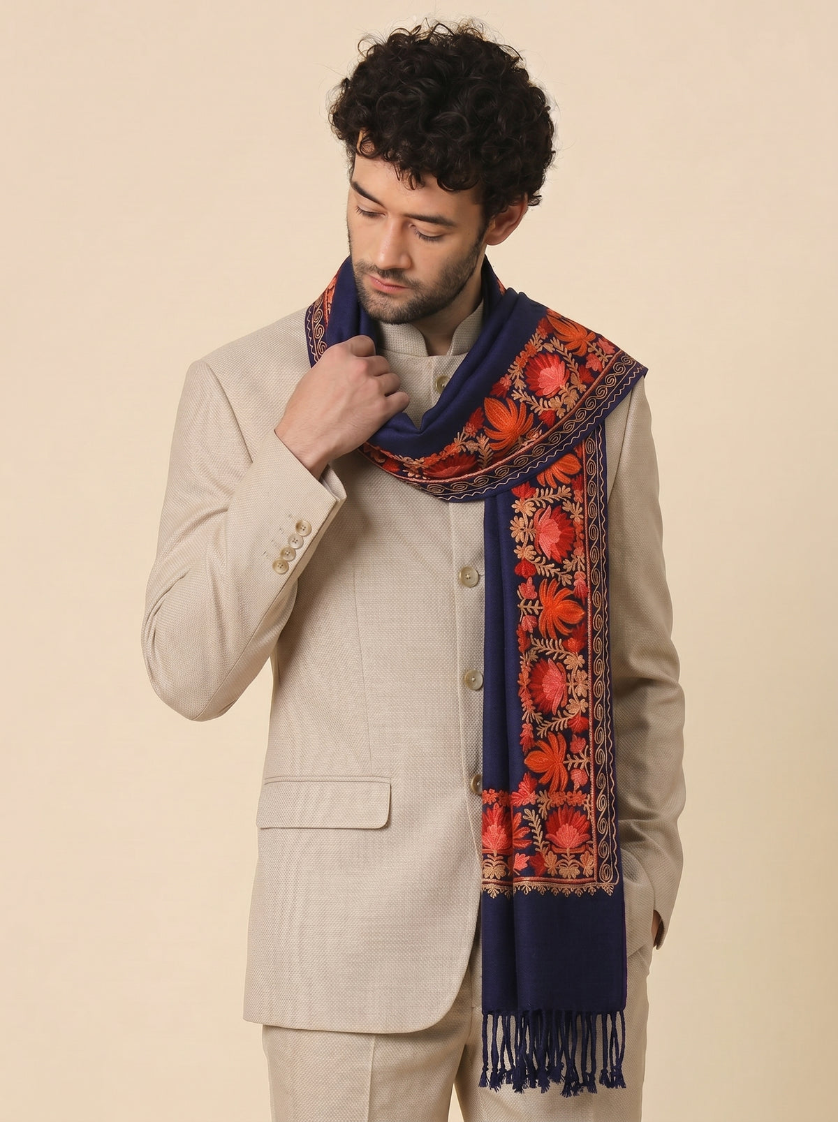 Kashmiri Aari Embroidery Woollen Stole for Men | Blue - view 2