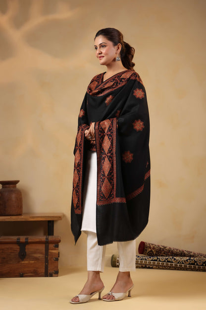 Kashmiri Sozni Floral Embroidery Shawl | Black