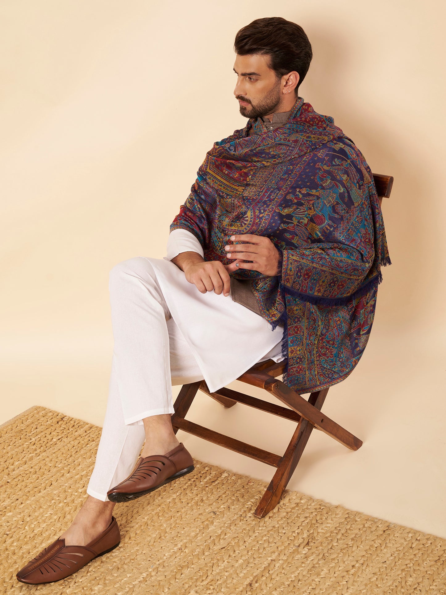 Kani Darbar Weave Soft Woolen Stole for Men | Blue