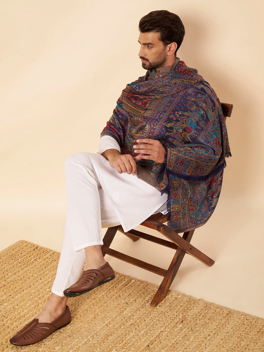 Kani Darbar Weave Soft Woolen Stole for Men | Blue