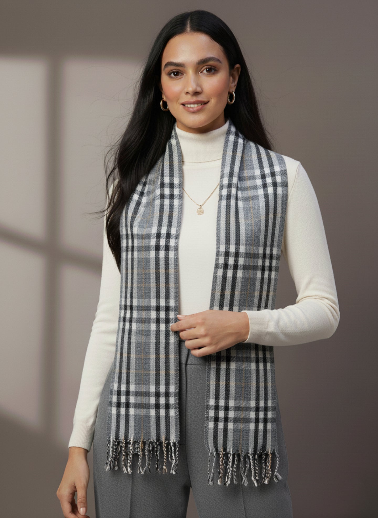 Soft Woollen Muffler for Women | Grey Black Check Scarf