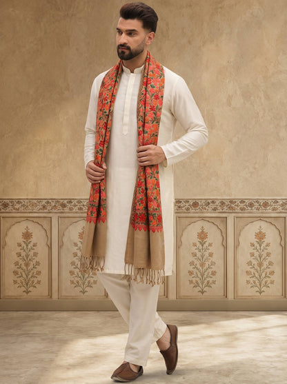 Kashmiri Aari Embroidery Woollen Stole for Men | Brown - view 3