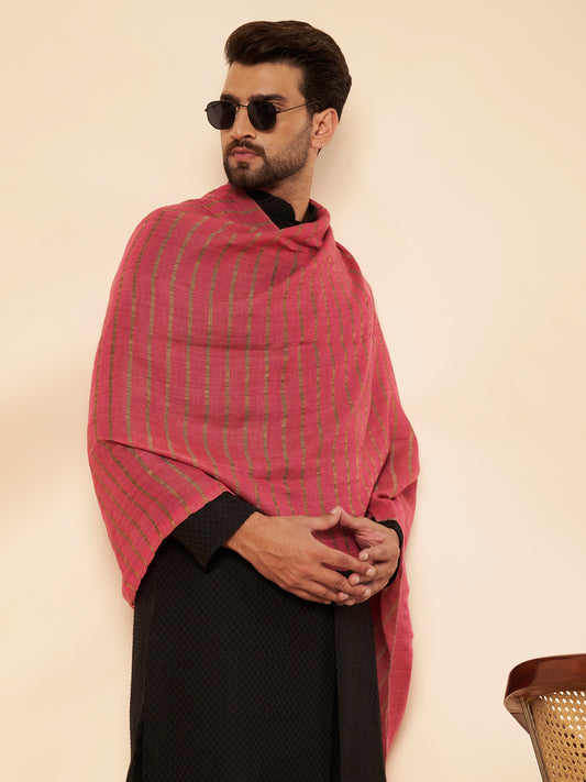 Fine Wool Horizontal Zari Stripes Stole | Pink