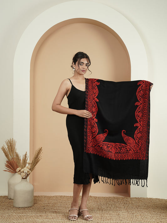 Floral Kashmiri Aari Embroidery Warm Stole with Fringed Border | Black