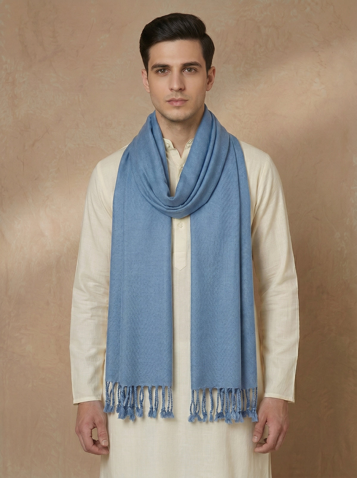 Men Lightweight Solid Color Warm Stole | Dark Sky Blue - view 3