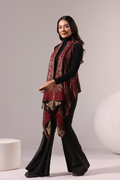 Women's Sleeveless Zari Pattern Shrug Cardigan | Maroon