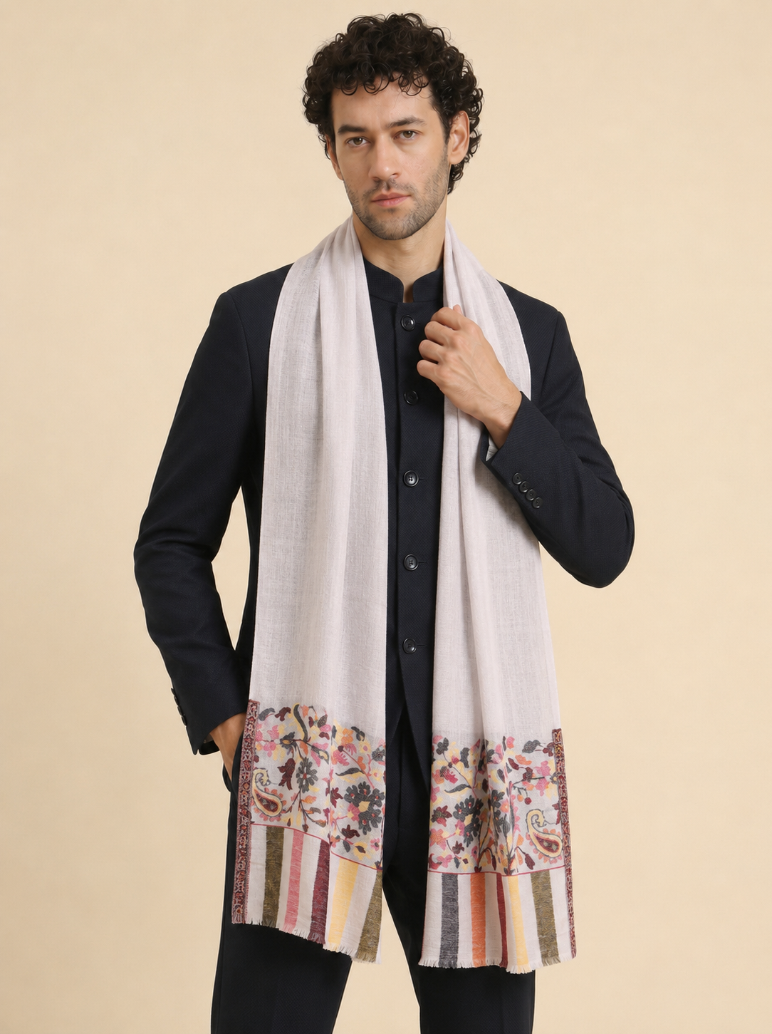 Ultra Soft Fine-Wool Kani Woven Stole for Men | Off White - view 3
