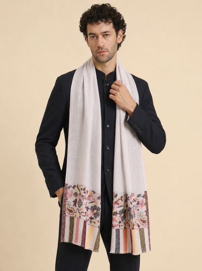 Ultra Soft Fine-Wool Kani Woven Stole for Men | Off White - view 3