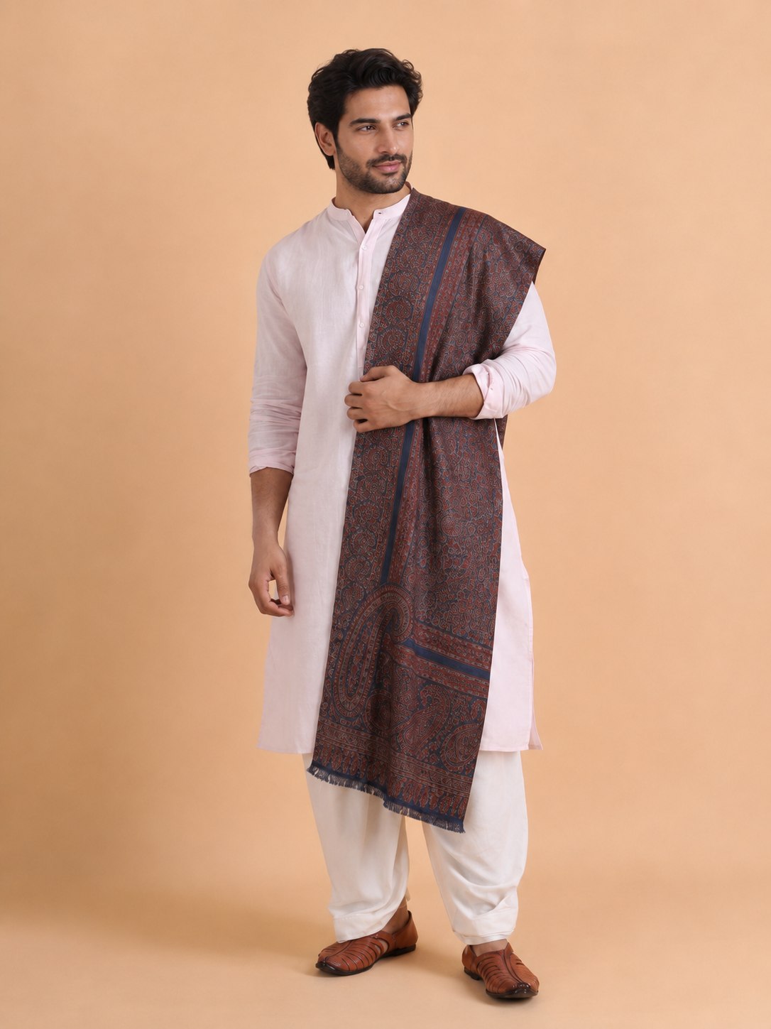 Kashmiri Kani Stole for Men in Floral Weaving | Grey - view 2