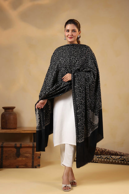 Kashmiri Jaal Embroidery Floral Shawl | Black
