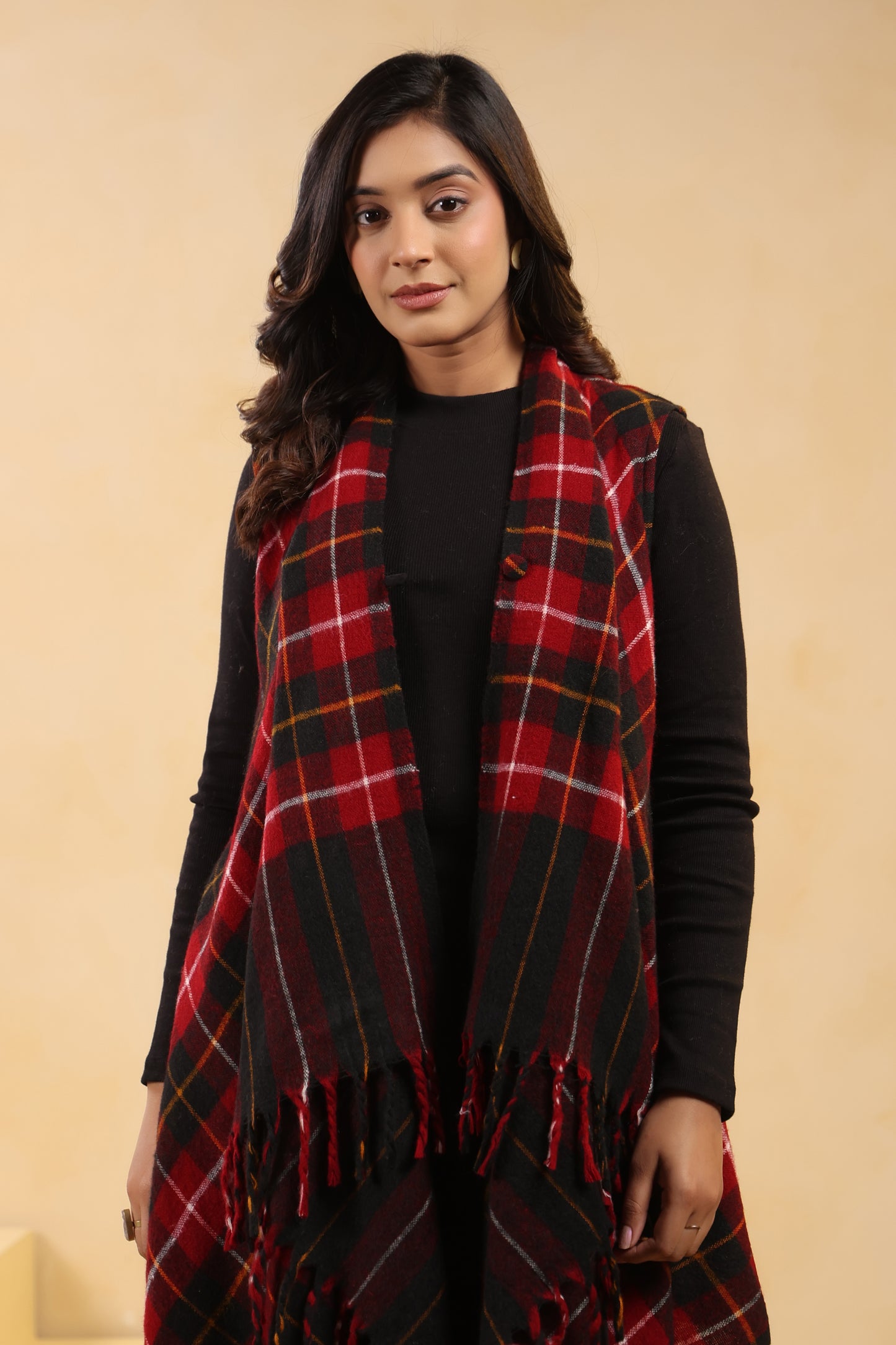 Women's Sleeveless Checkered Shrug Cardigan | Black