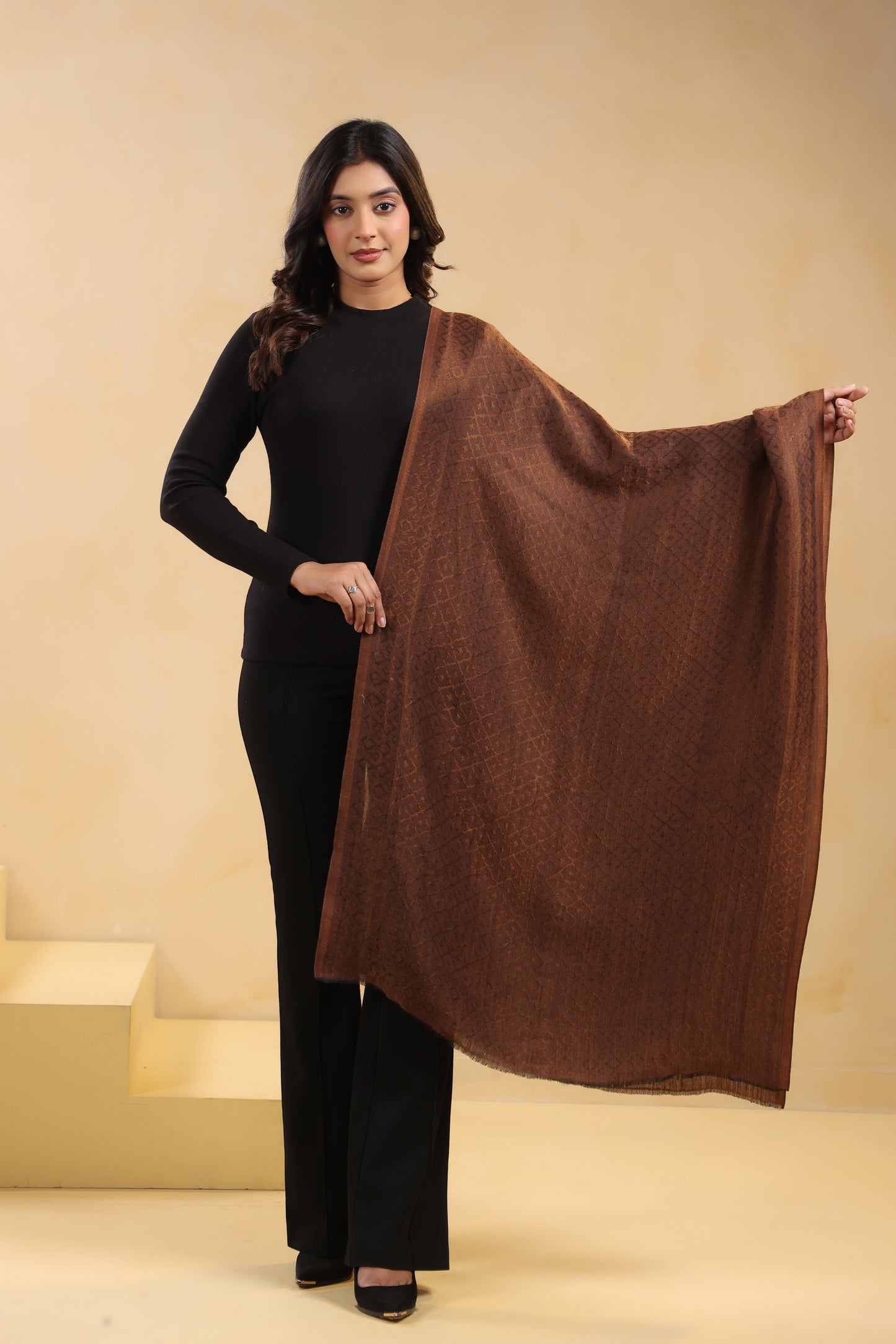Fine Wool Solid Self Design Zari Stole | Brown