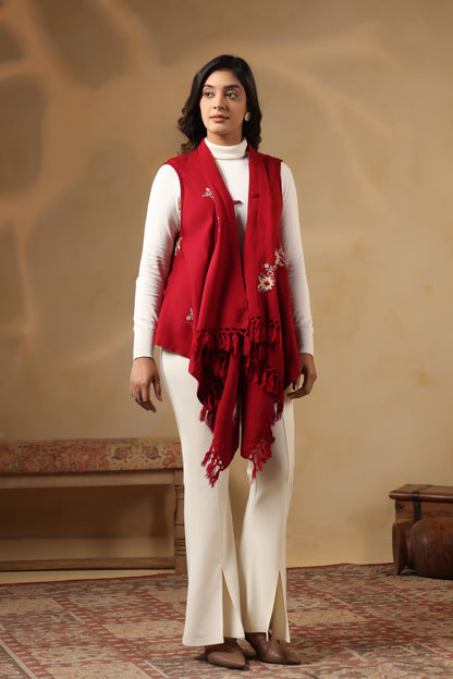 Women's Sleeveless Floral Zari Embroidery Shrug Cardigan | Red