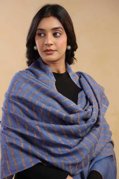 Fine Wool Horizontal Zari Stripes Stole | Blue