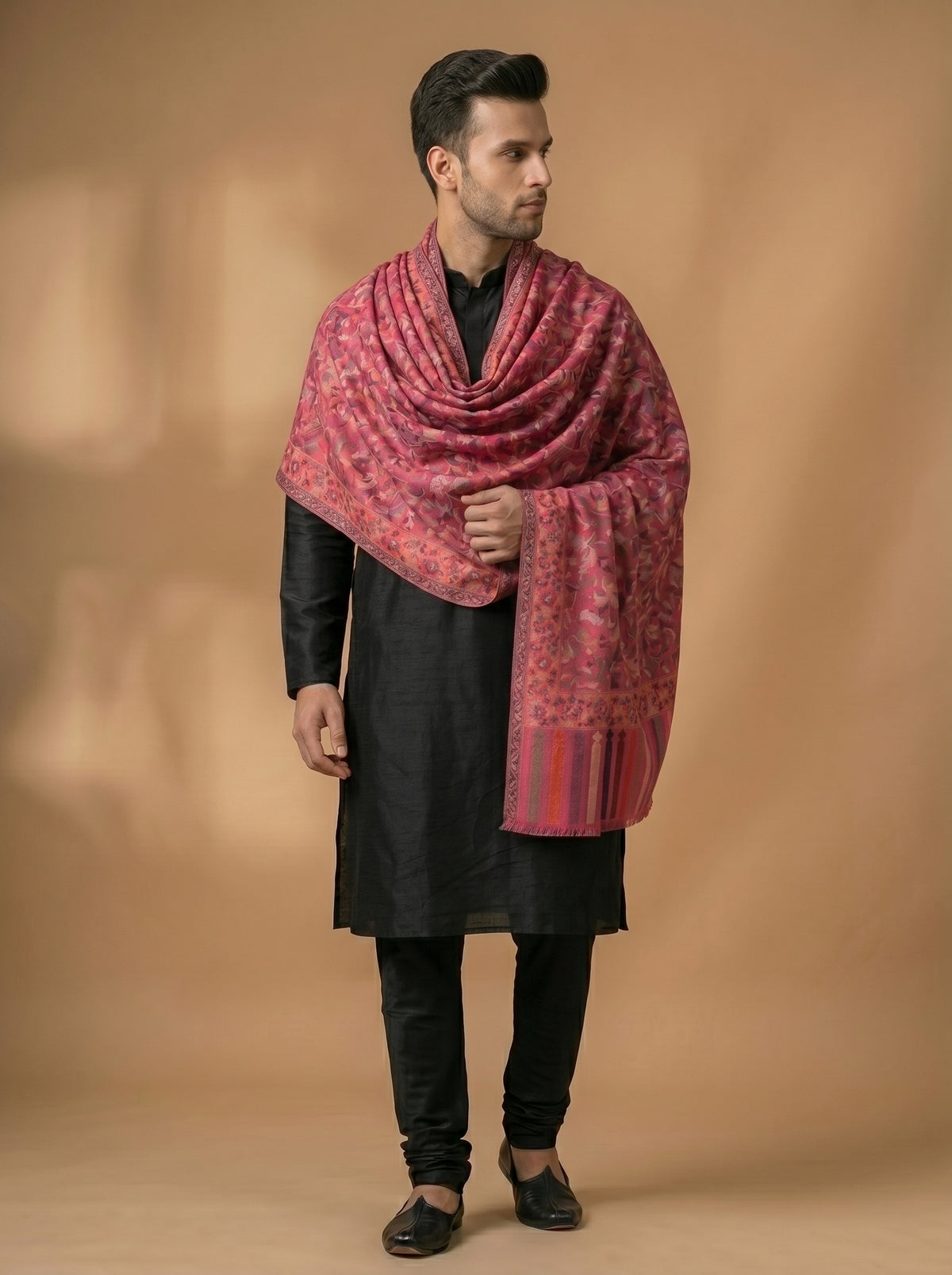 Kani Woven Shawl for Men in Paisley Design Weaving | Magenta - view 2