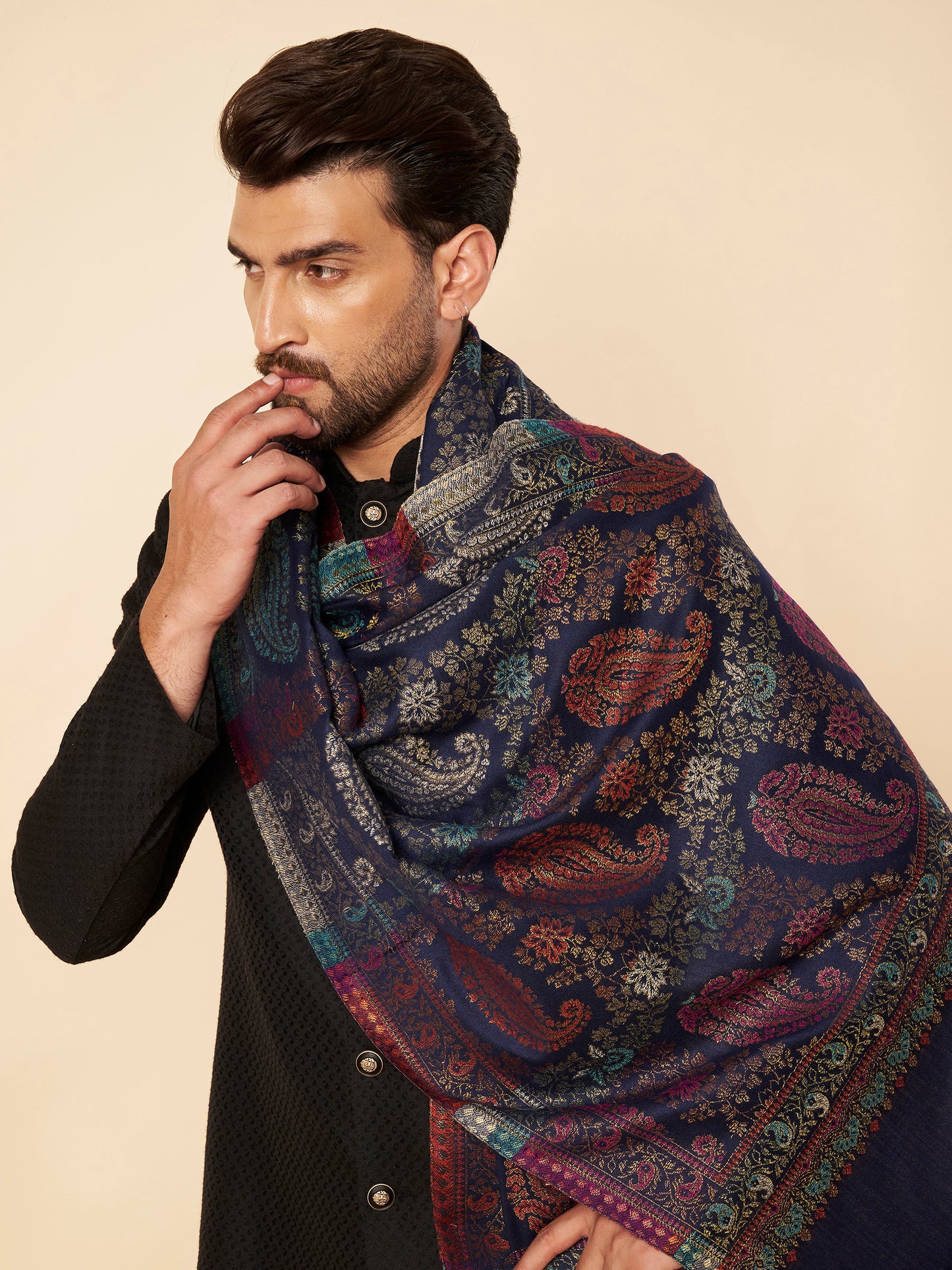 Multicolor Paisley Kani Weave with Zari Work | Navy Blue