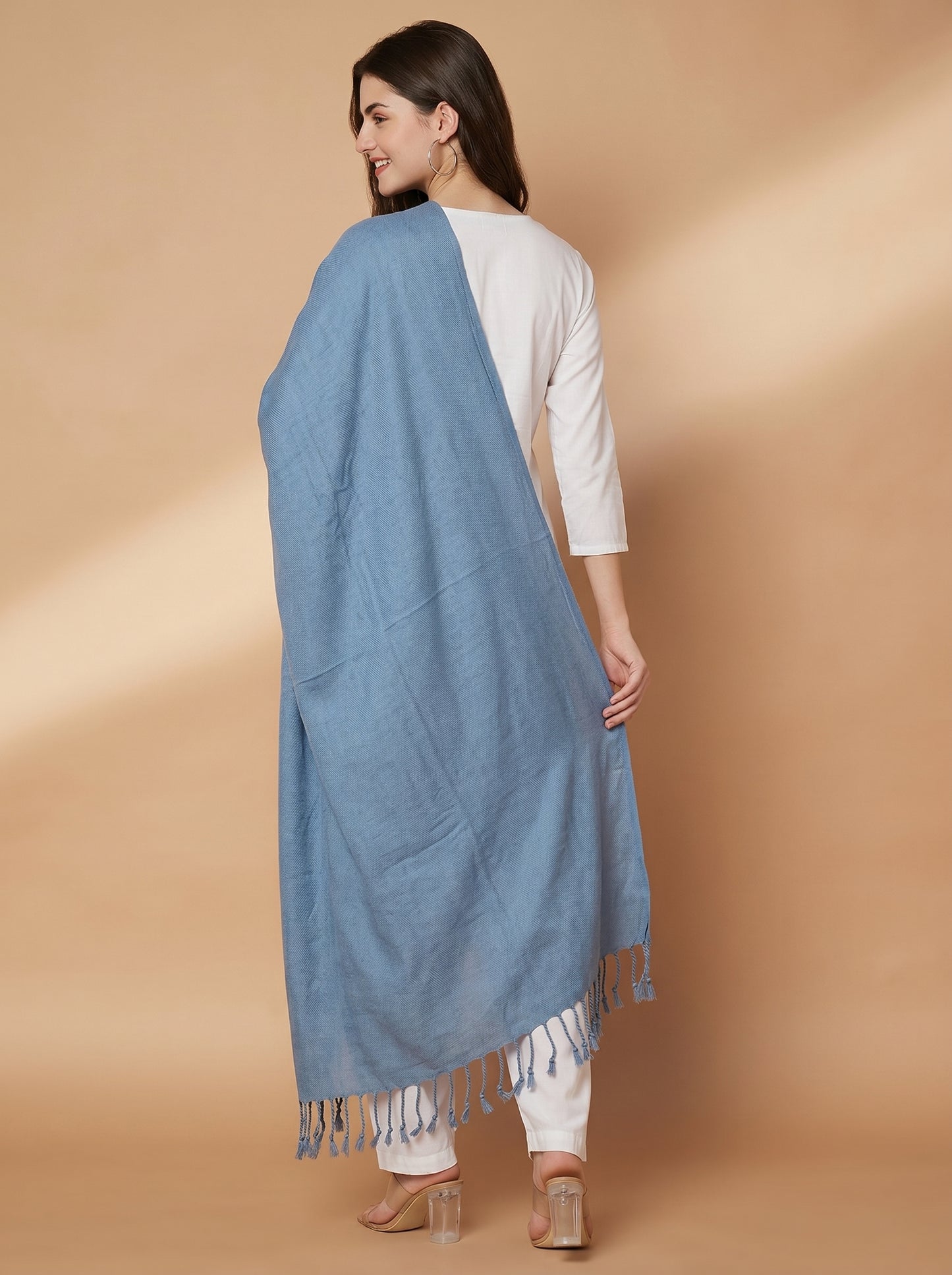 Plain Dark Sky Blue Woolen Stole for Women | Dark Sky Blue - view 3