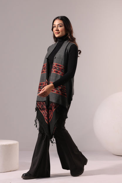 Women's Sleeveless Kullu Pattern Shrug Cardigan | Grey