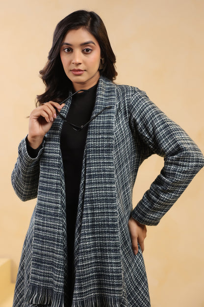 Women's Full Sleeve Woolen Checkered Shrug Cardigan | Grey Black