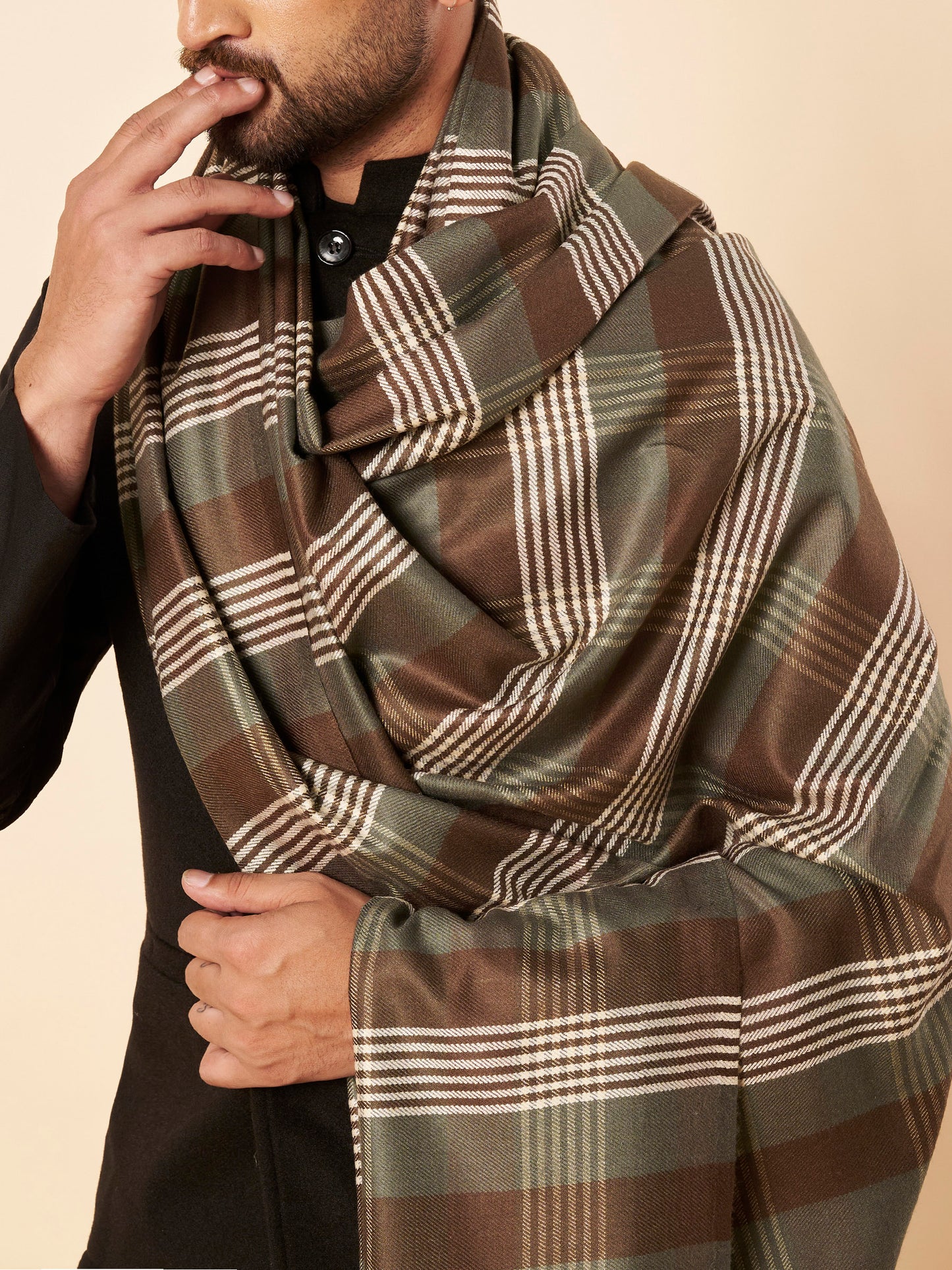 Men's Woollen Lohi Shawl | Grey Brown Stripe Check