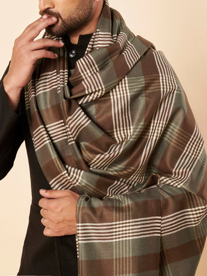 Men's Woollen Lohi Shawl | Grey Brown Stripe Check