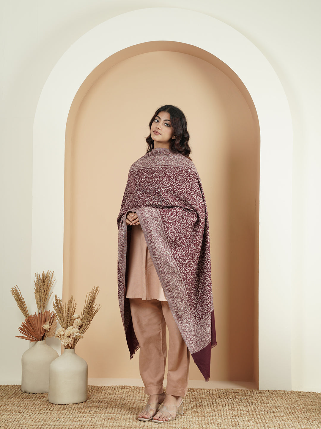 Floral All-over Kani Weave Woolen Stole with Paisley Border | Maroon