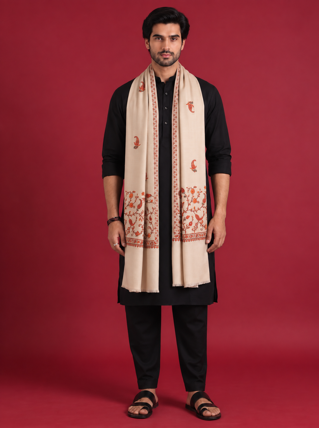 Sozni Floral Embroidery Kashmiri Shawl for Men | Beige - view 3