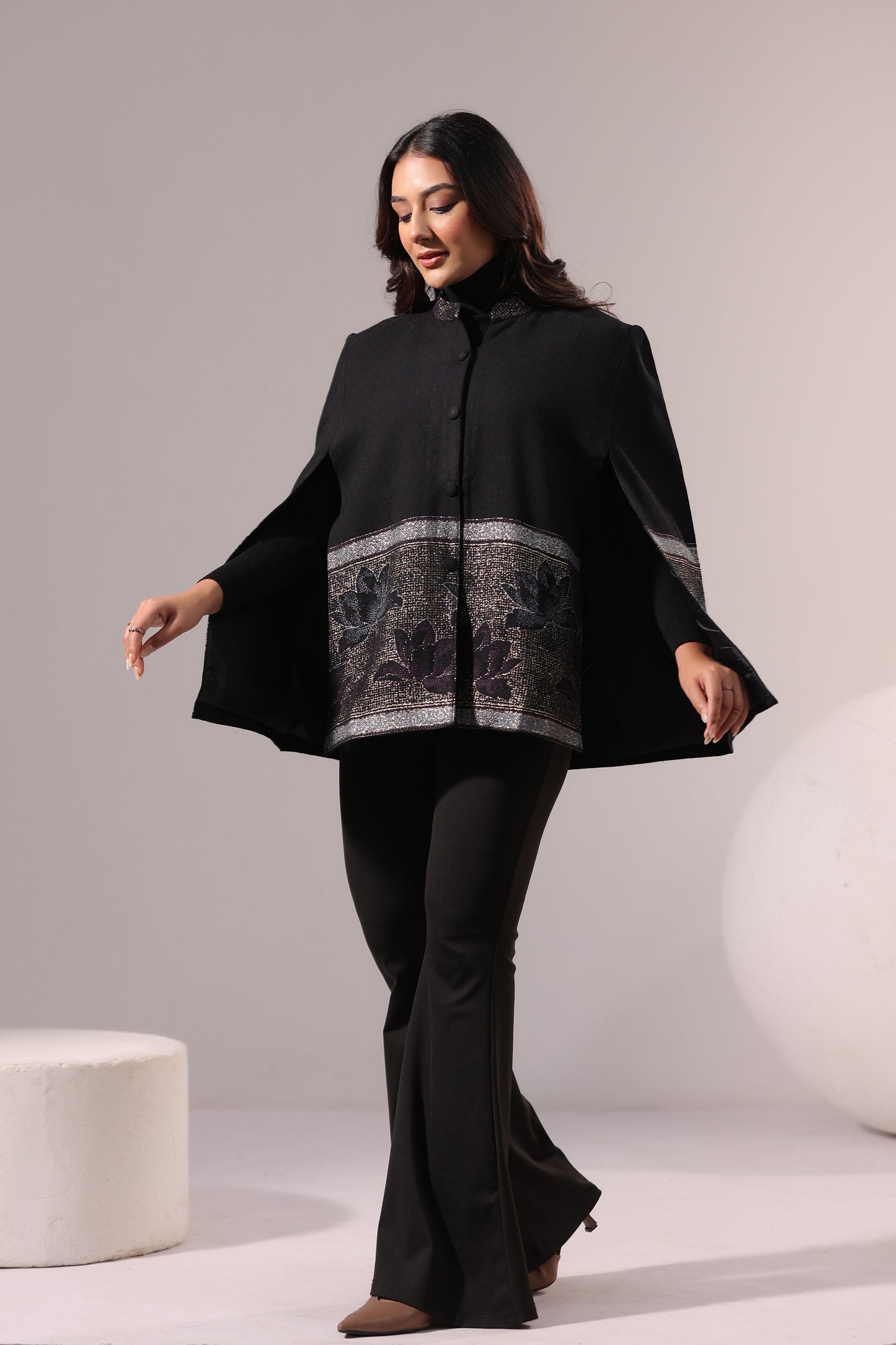 Women's Woven Cape Jacket with Zari Lotus Border | Black