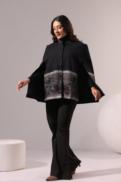 Women's Woven Cape Jacket with Zari Lotus Border | Black
