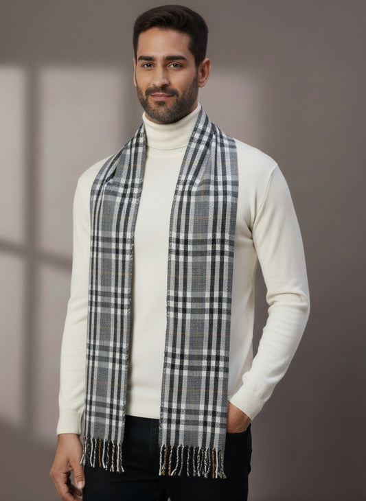 Soft Woollen Muffler for Men | Grey Black Check Scarf