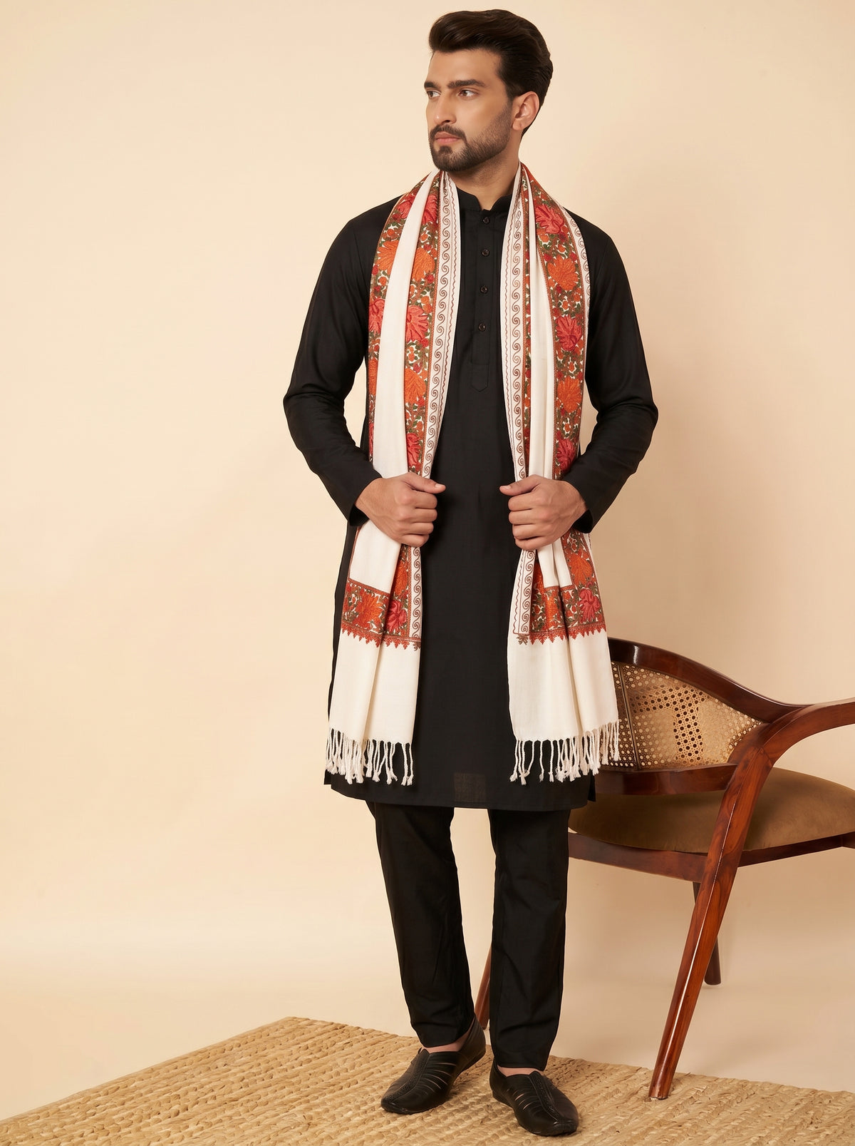 Kashmiri Aari Embroidery Woollen Stole for Men | White - view 2
