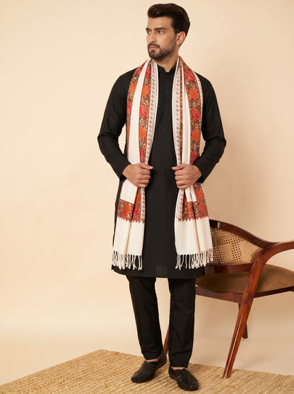 Kashmiri Aari Embroidery Woollen Stole for Men | White - view 2
