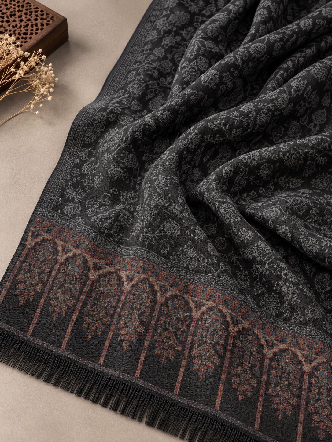 Kani Floral Weave Soft Woolen Shawl for Men | Black - view 5