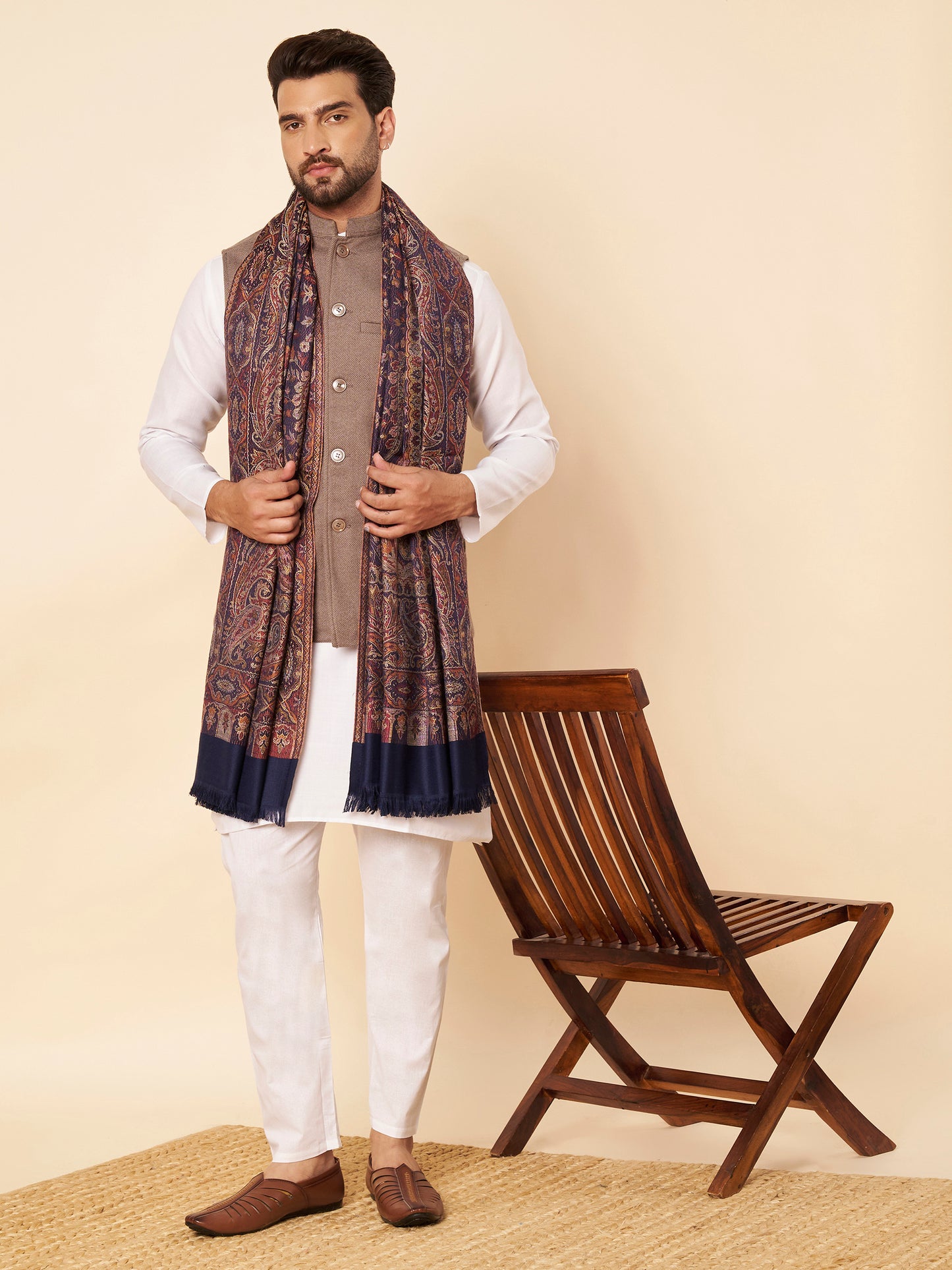 Warm Faux Pashmina Floral Jacquard Woven Jamawar Shawl (Navy Blue)