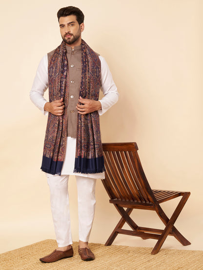 Warm Faux Pashmina Floral Jacquard Woven Jamawar Shawl (Navy Blue)