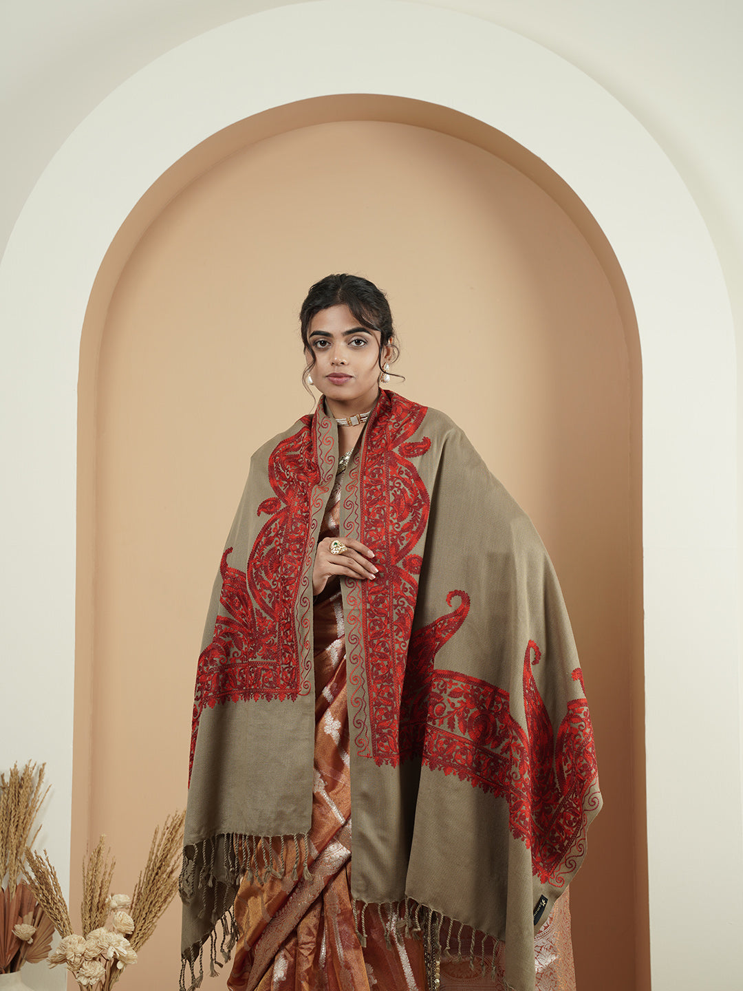 Floral Kashmiri Aari Embroidery Warm Stole with Fringed Border | Brown