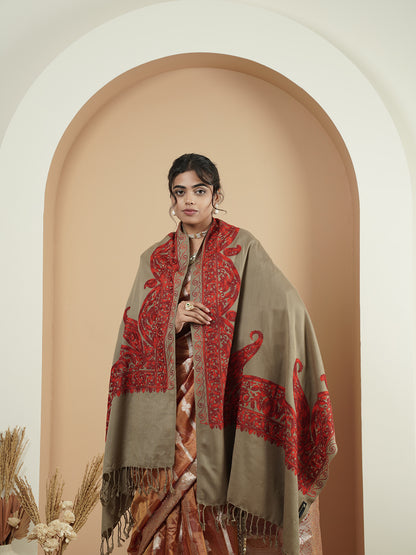 Floral Kashmiri Aari Embroidery Warm Stole with Fringed Border | Brown